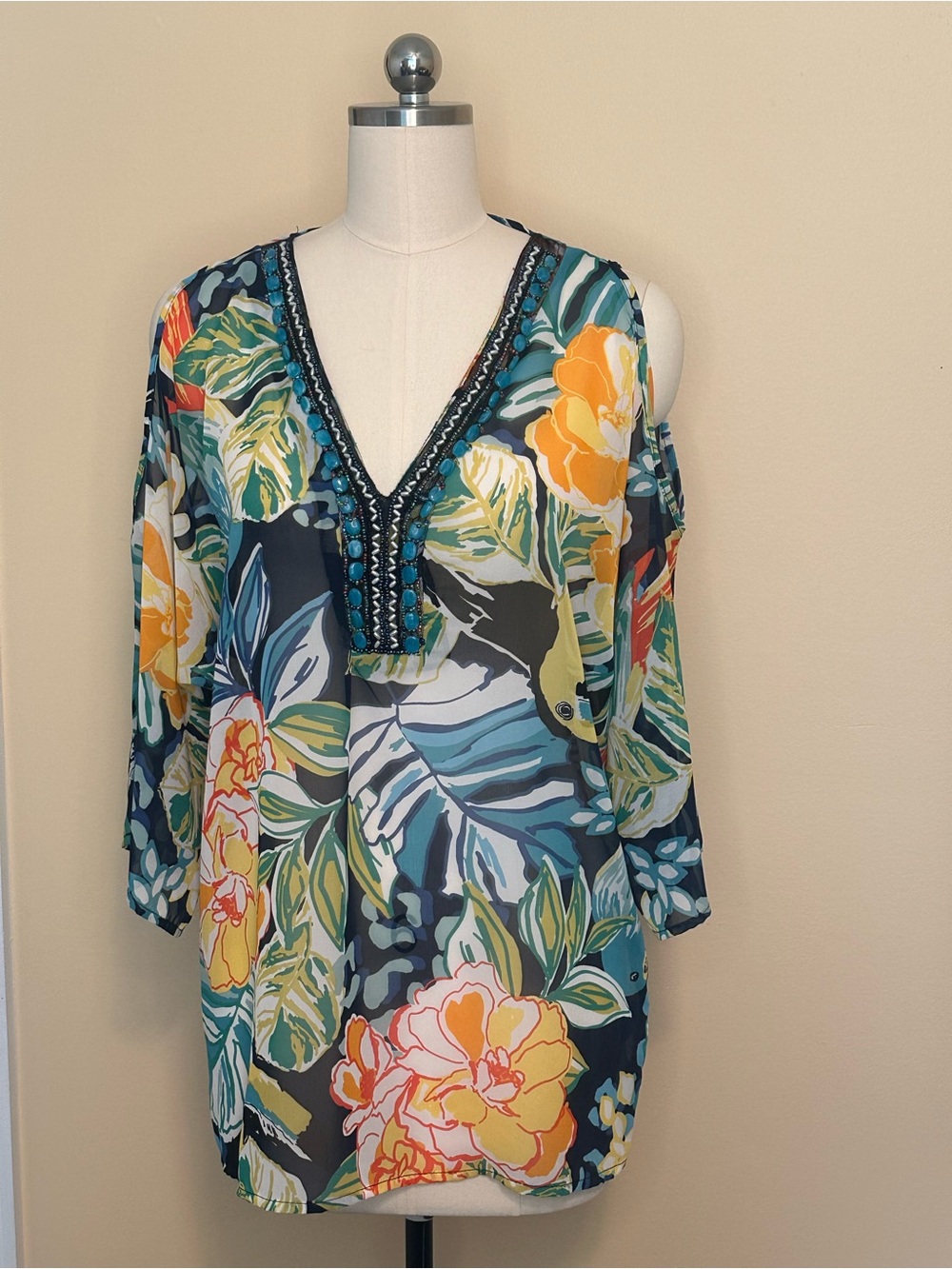 Melissa Paige Tropical Floral Cold-Shoulder Top - Teal, Navy & Yellow